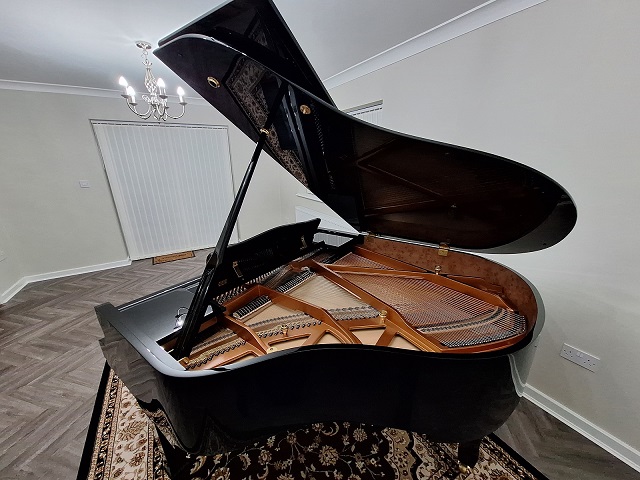 rear view of Danemann 160 Grand Piano with lid open
