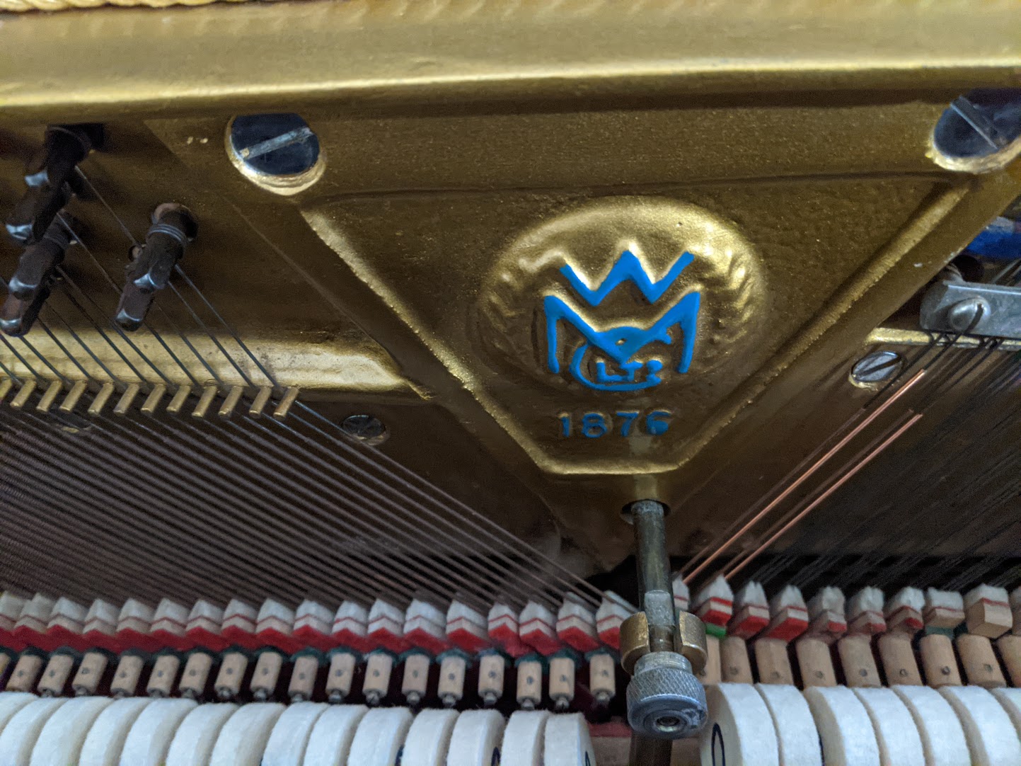 Inside view of the Welmar Upright Piano c1975 (Welmar logo on the casting)