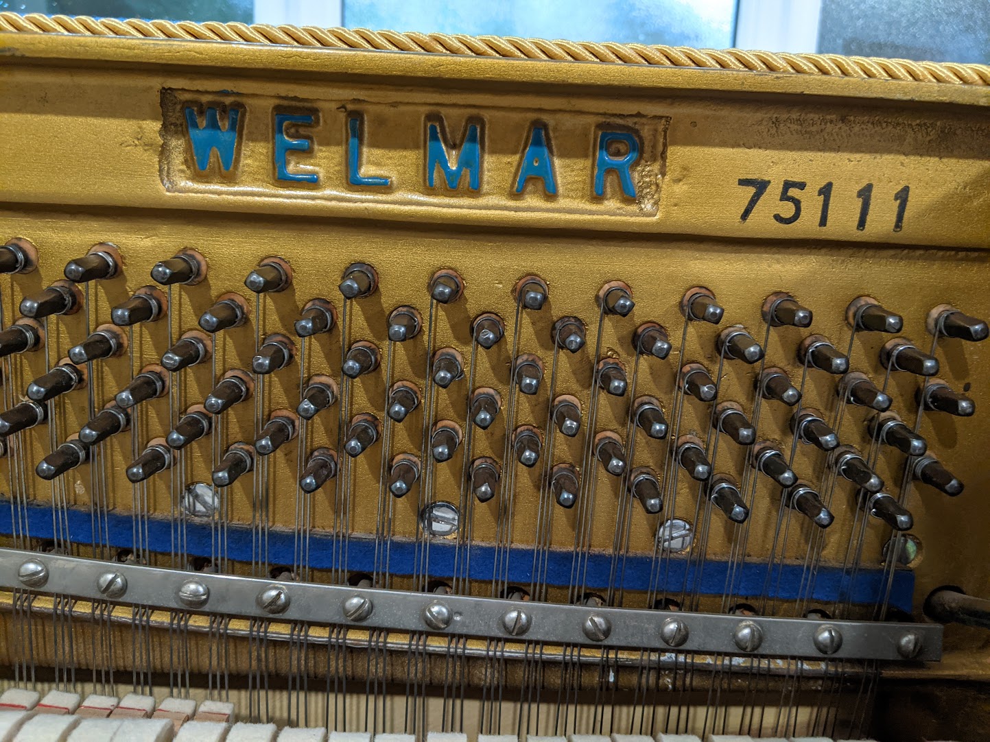 View of the Welmar c1975 Upright Piano - many trebble strings replaced