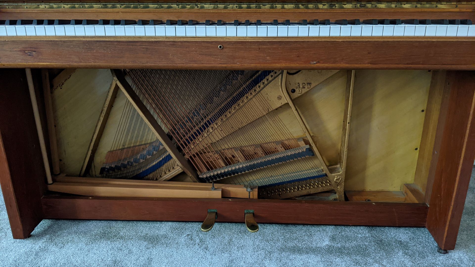view of trap door removed on c1973 Welmar Upright Piano